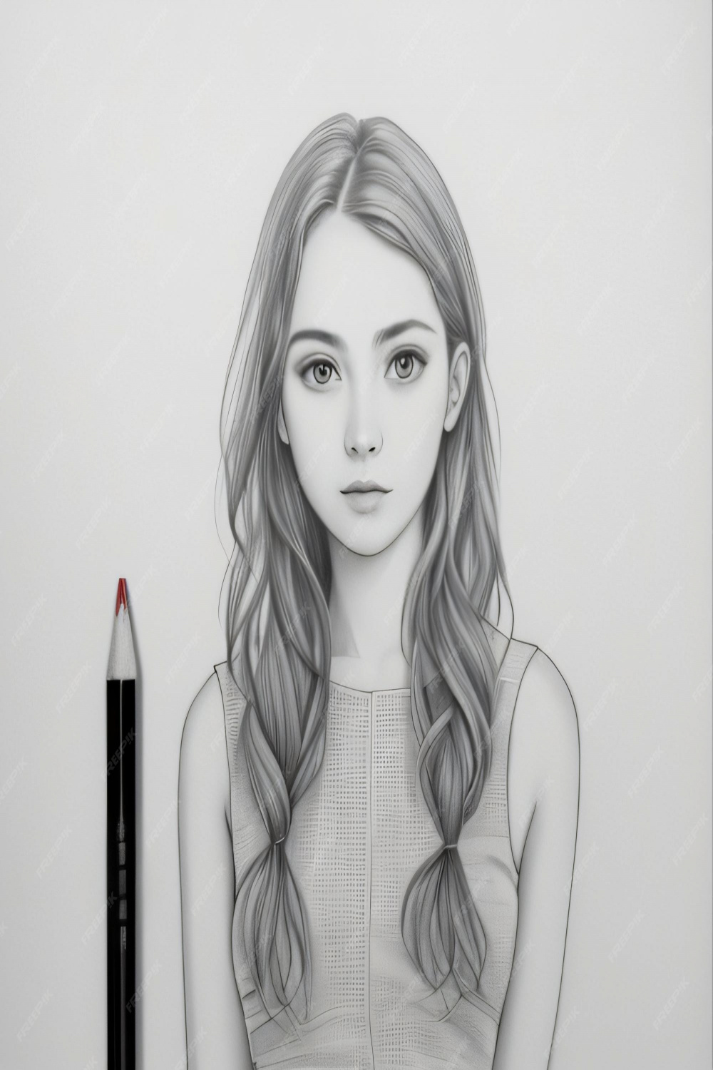 Premium Photo  A drawing of a girl with long hair and a pencil.