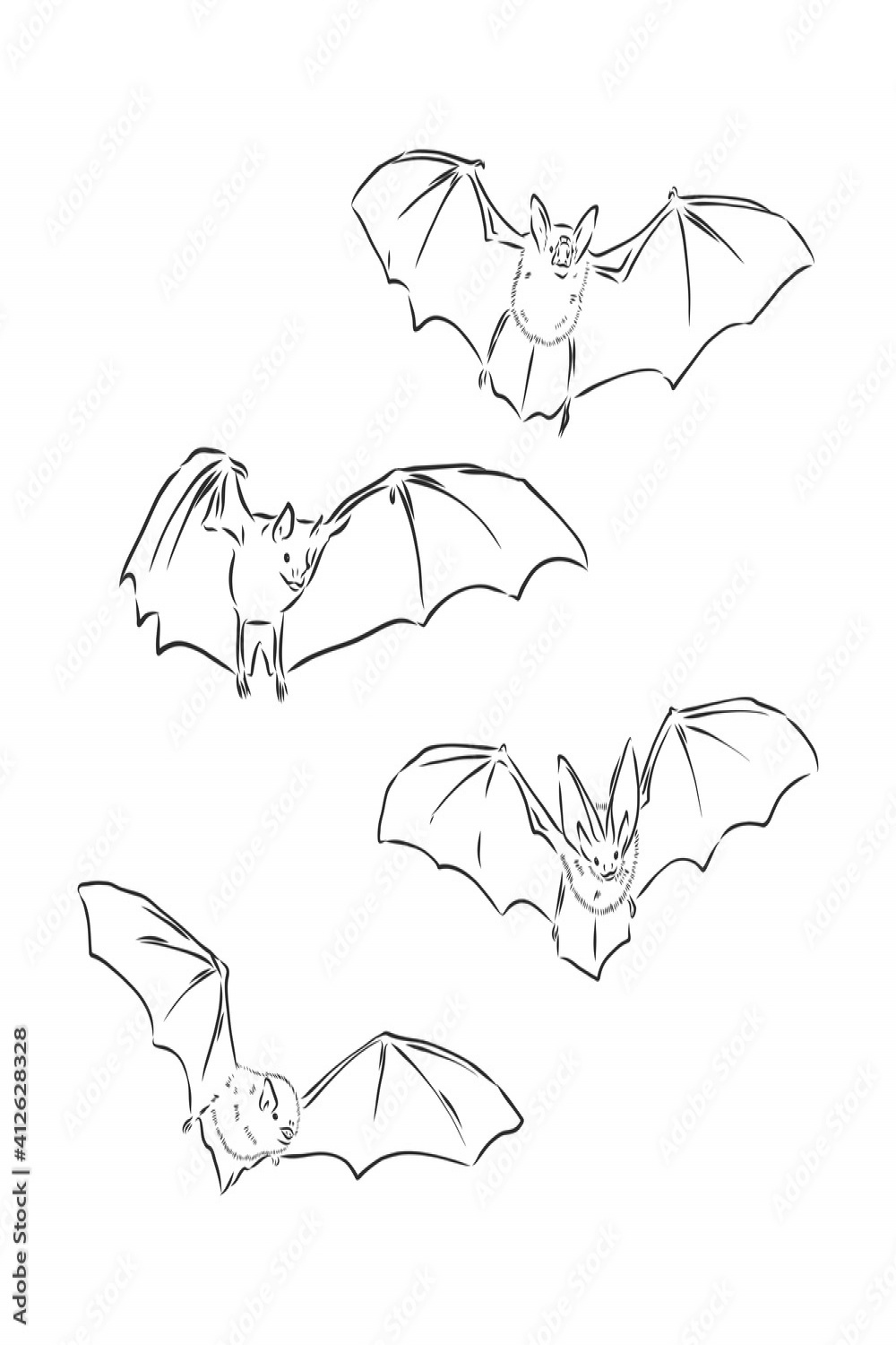 Screaming flying bat with extended wings, hand drawn vector