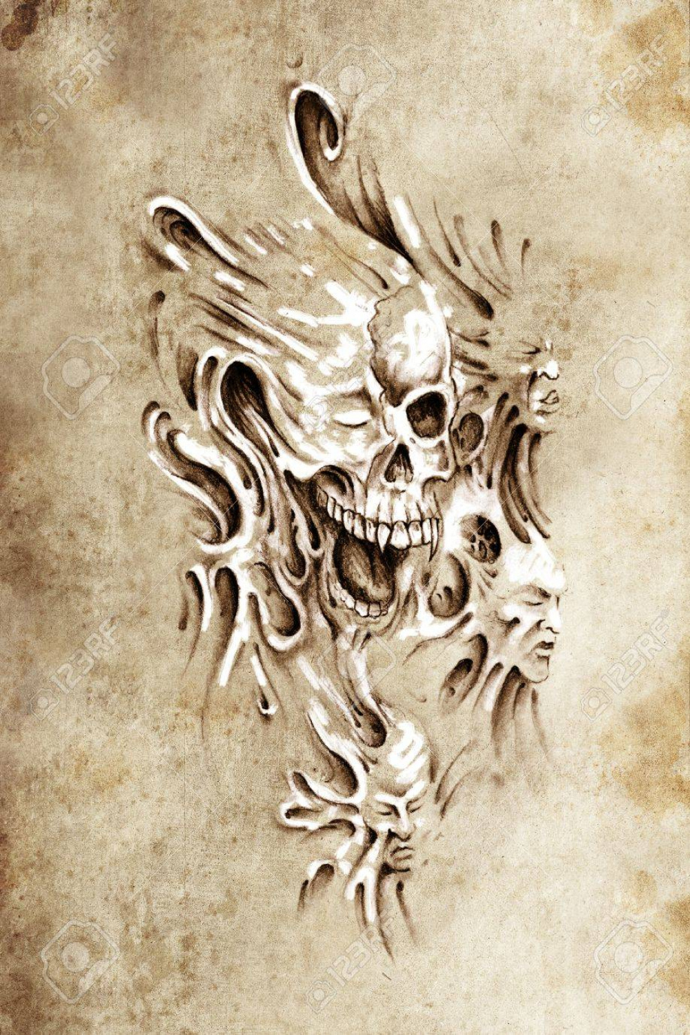 Sketch Of Tattoo Art, Monster Heads Under Skin Stock Photo
