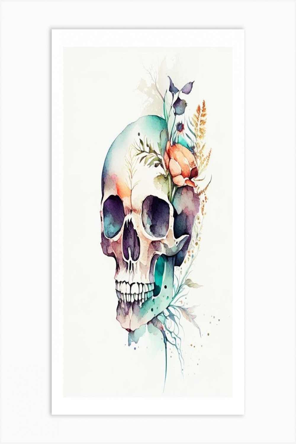 Skull With Watercolor Effects Line Drawing Art Print