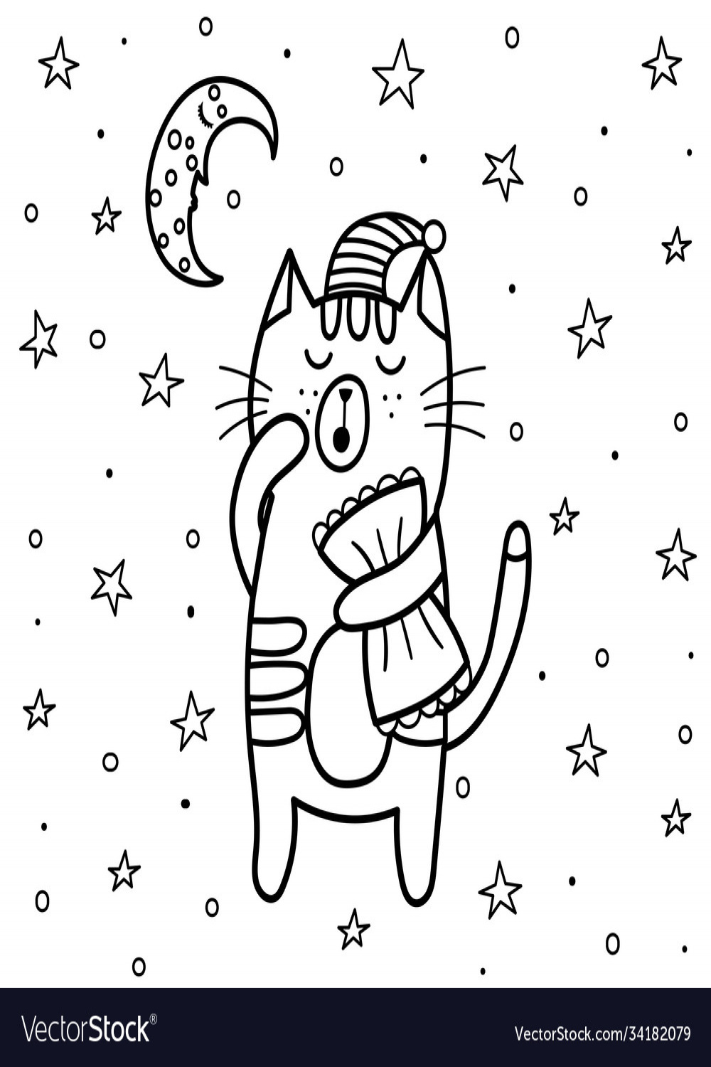 Sleeping cat coloring page good night Royalty Free Vector