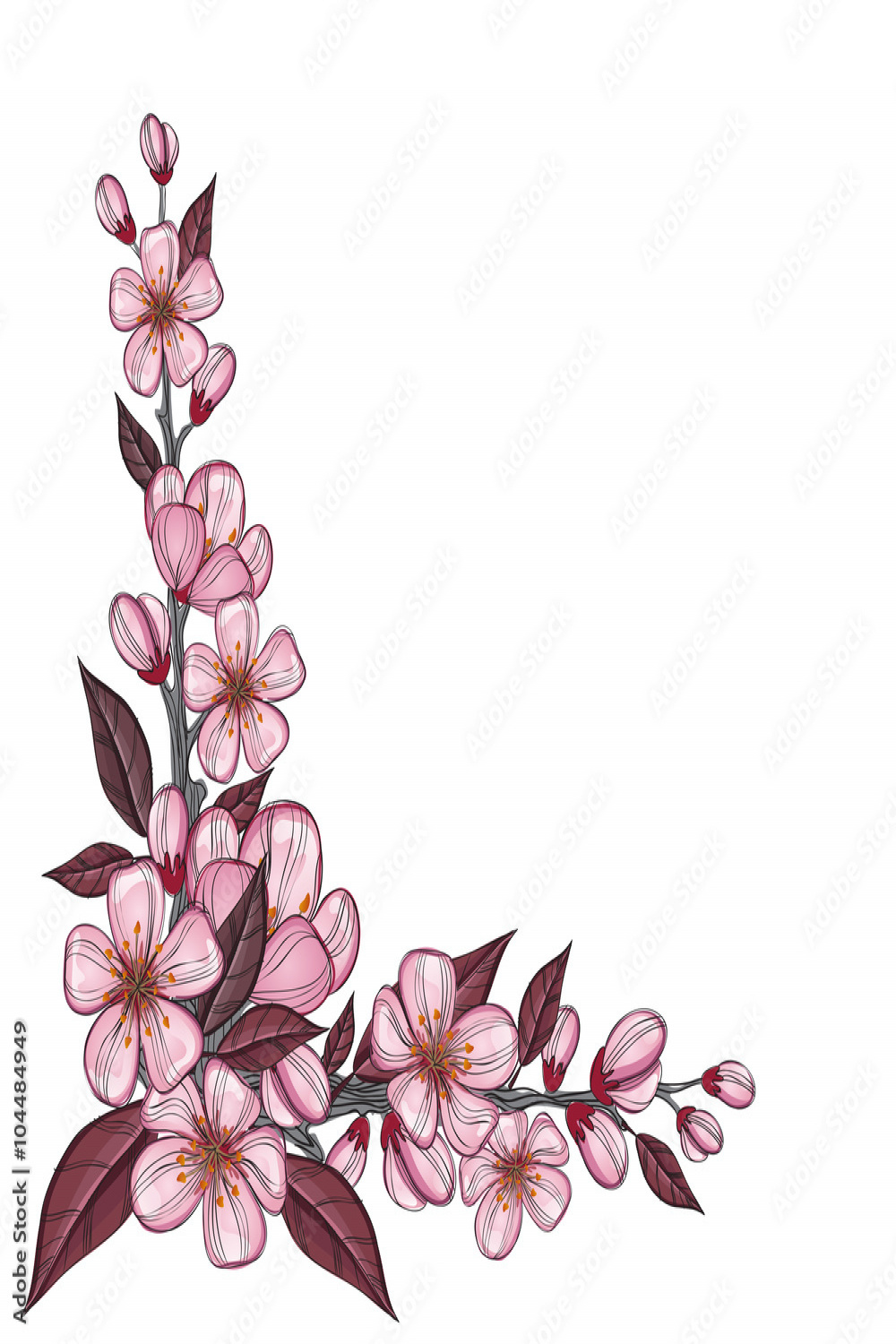 Tree branch drawing with pink cherry flowers for corner decoration