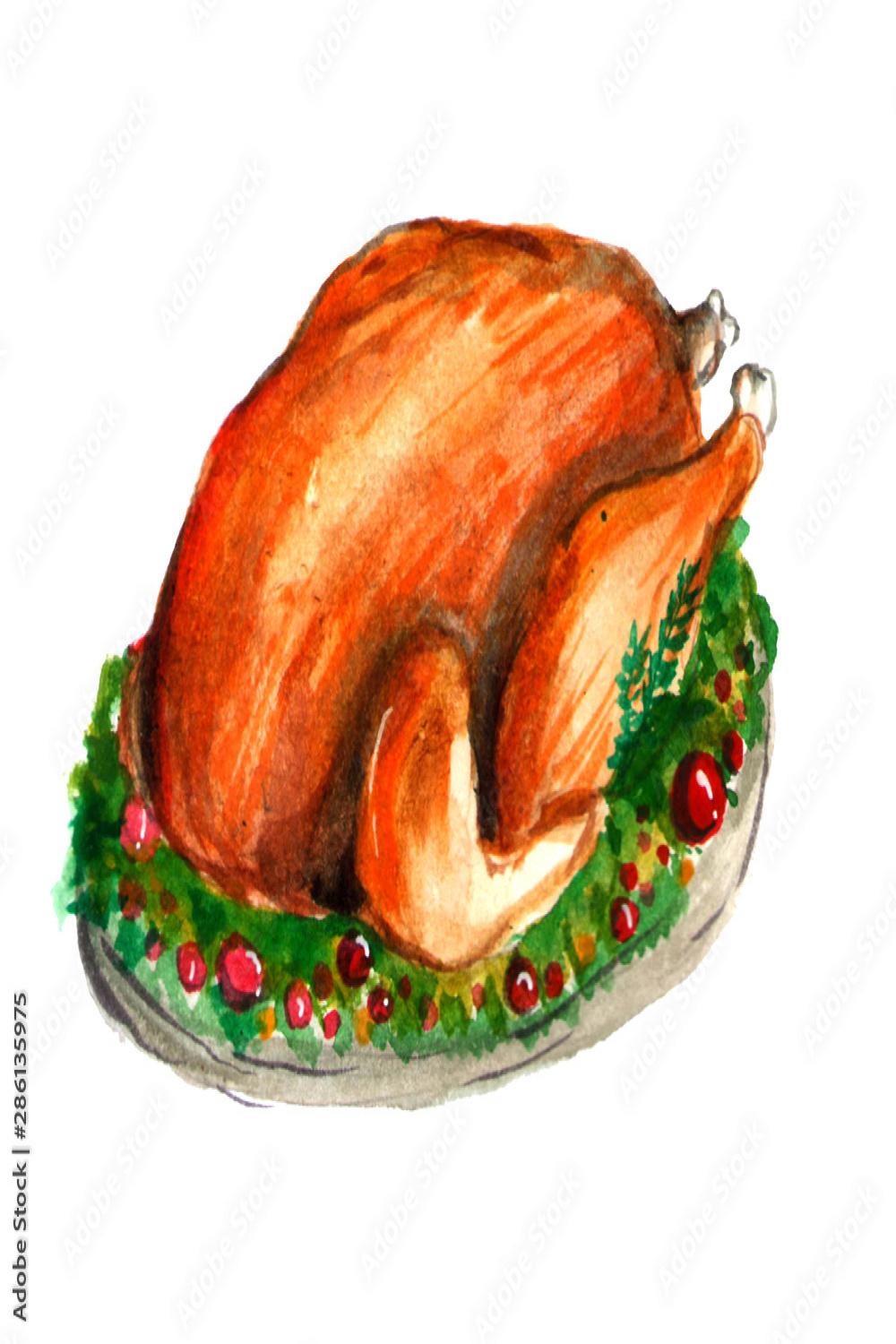 Turkey on plate hand drawn illustration in watercolor cartoon