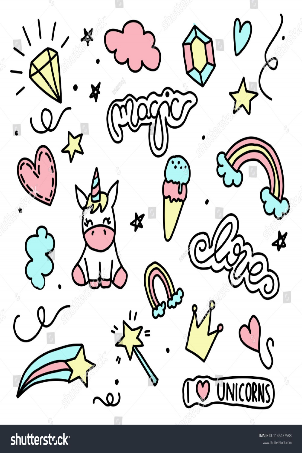 Unicorn Magic Doodles Cute Unicorn Pony Stock Vector (Royalty Free