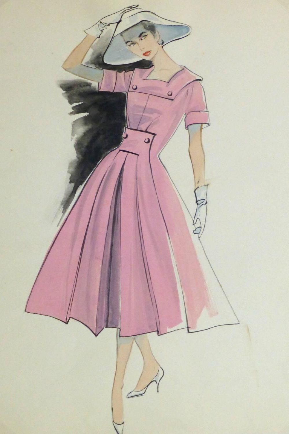 Unknown - Vintage Gouache Fashion Sketch - Pink Day Dress