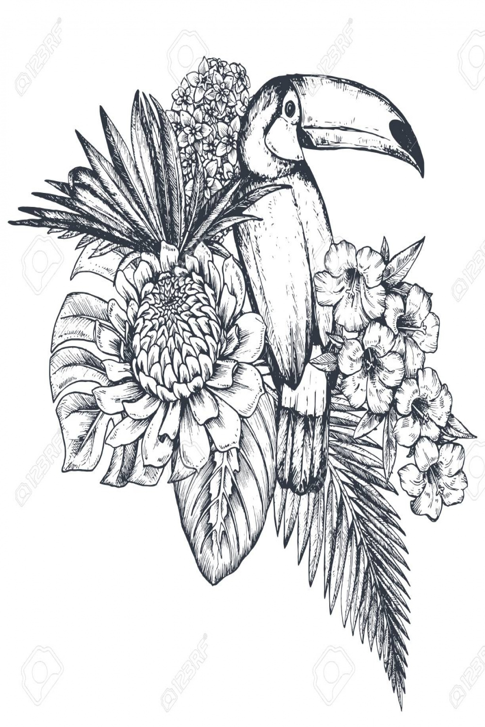 Vector Composition Of Tropical Flowers, Palm Leaves, Jungle Plants