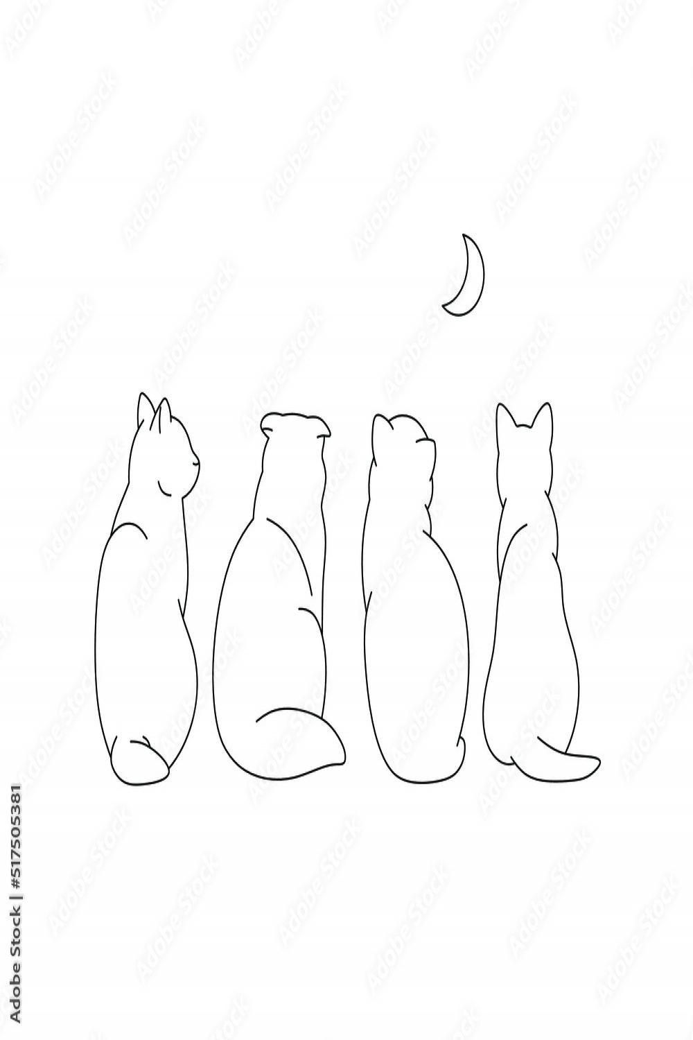 Vector isolated four sitting cats look at the crescent moon view