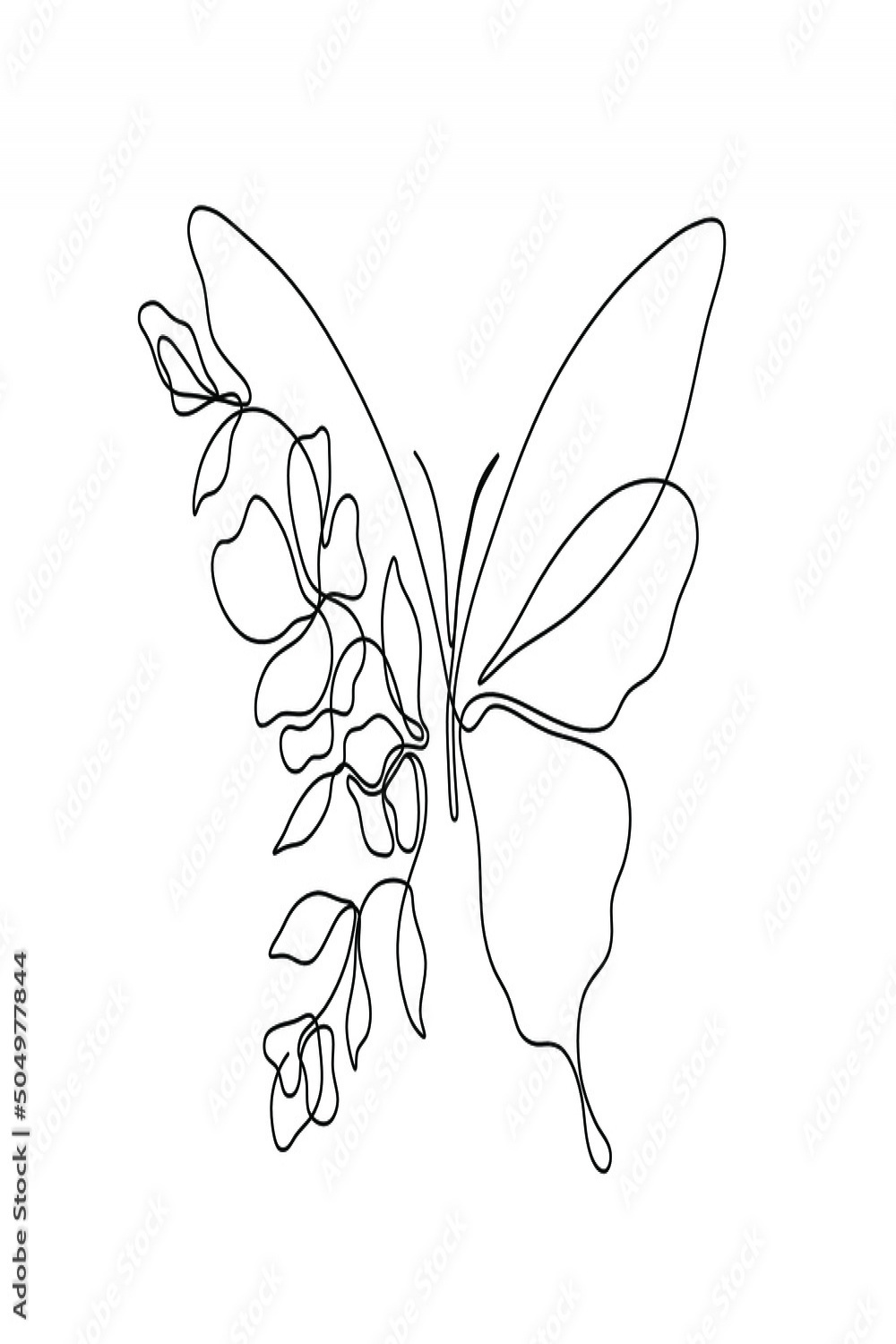 Vector isolated half butterfly half flowers one line single line