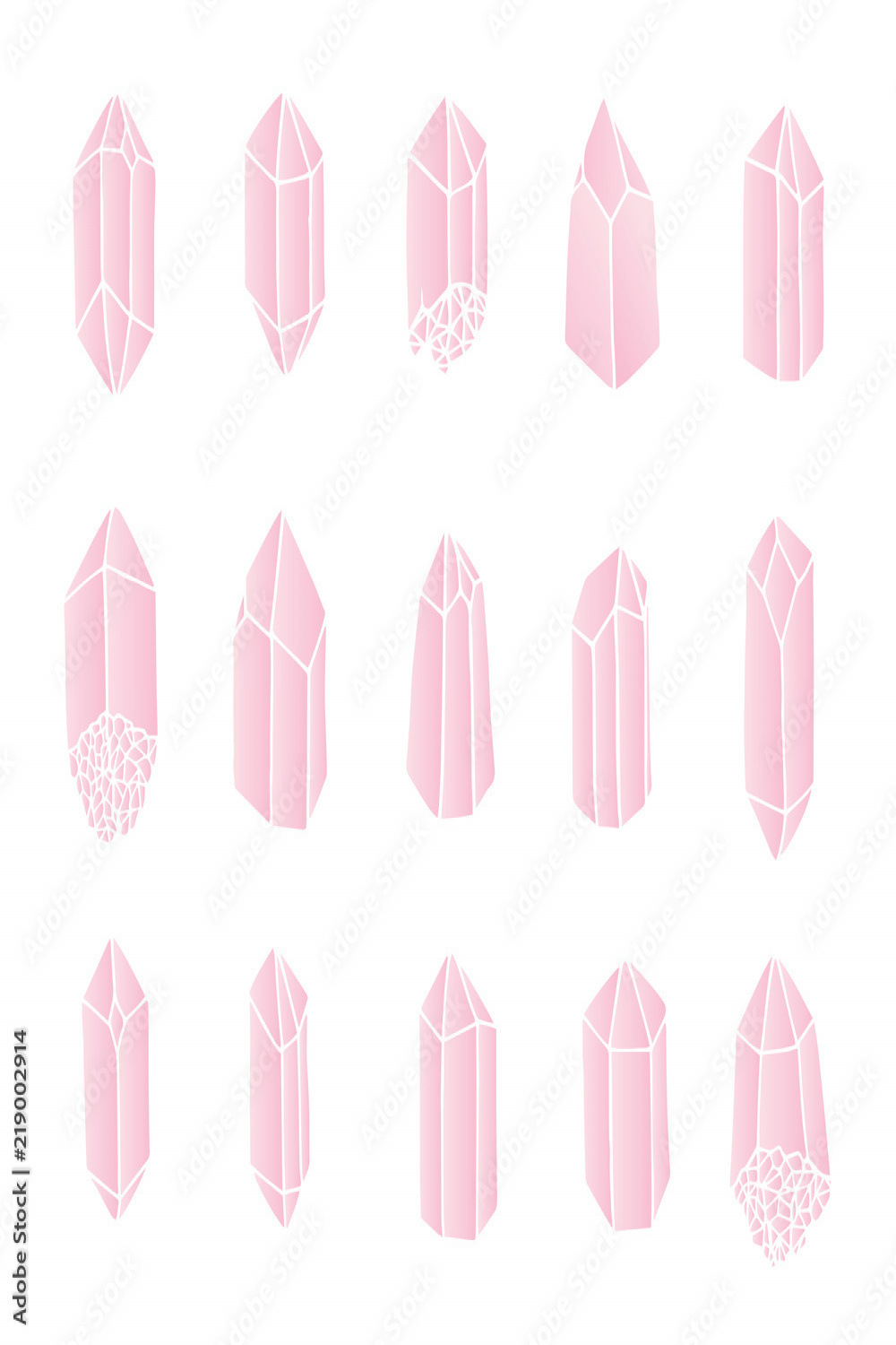 Vector rose quartz crystals set isolated on the white background