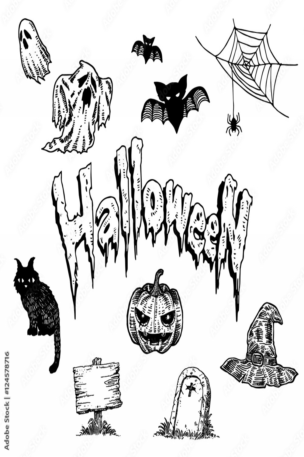 Vintage black and white hand draw Halloween illustration Stock