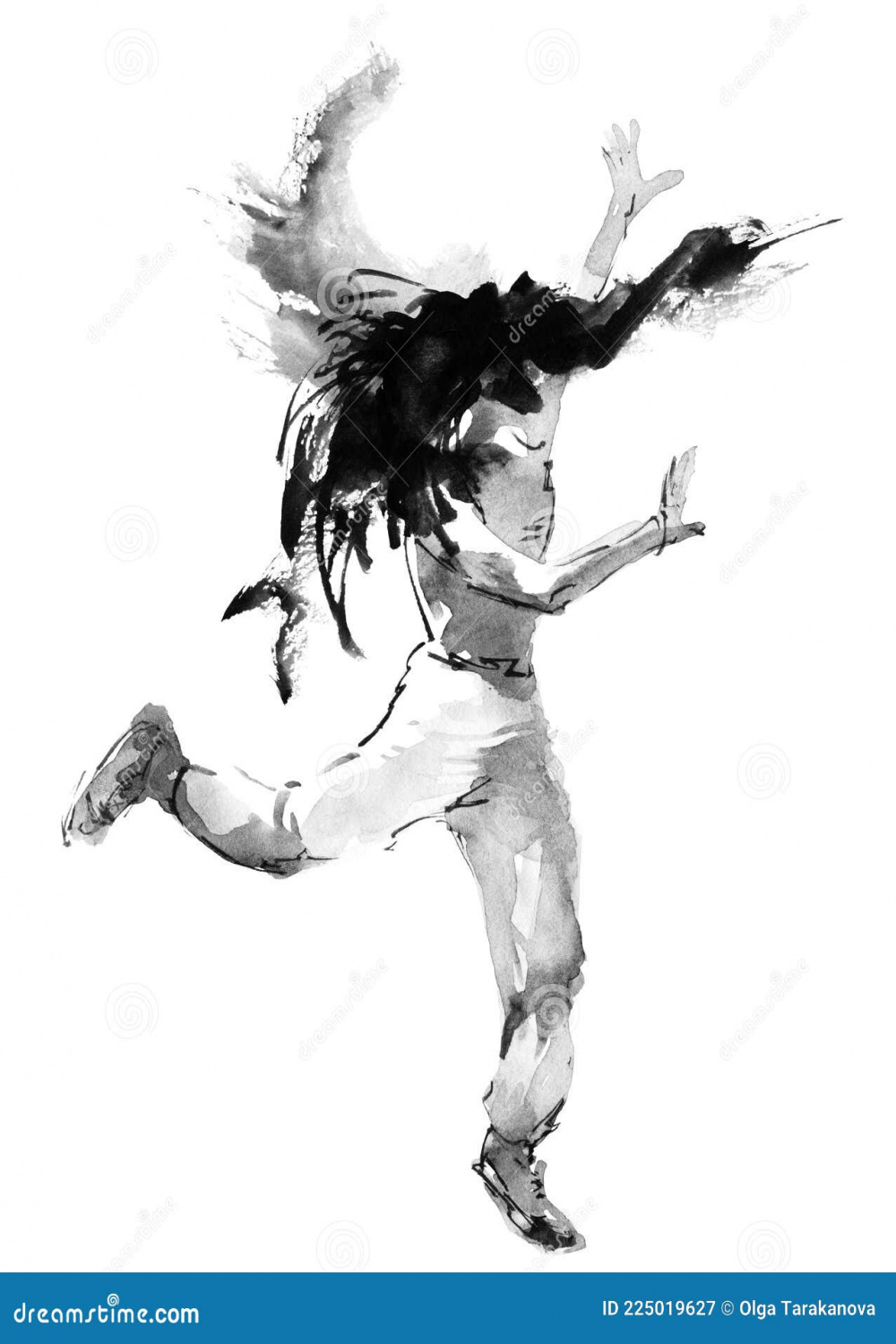 Watercolor Dancing Girl with Flying Hair Stock Illustration