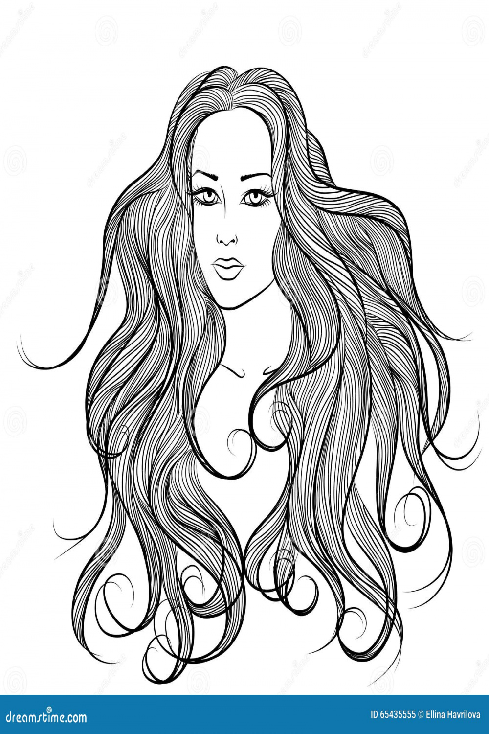 Young Long Hair Woman Outline Monochrome Drawing Stock