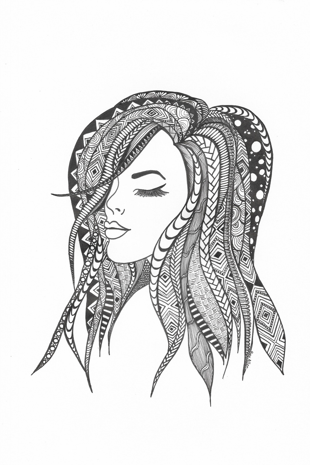 Zentangle Haar - Tusche Kunst Zeichnung - weiblicher Druck - A digitaler  Download - Glam Wandkunst