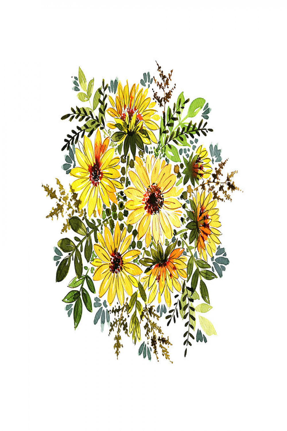 A beautiful watercolor bouquet, lovely yellow flowers, tender