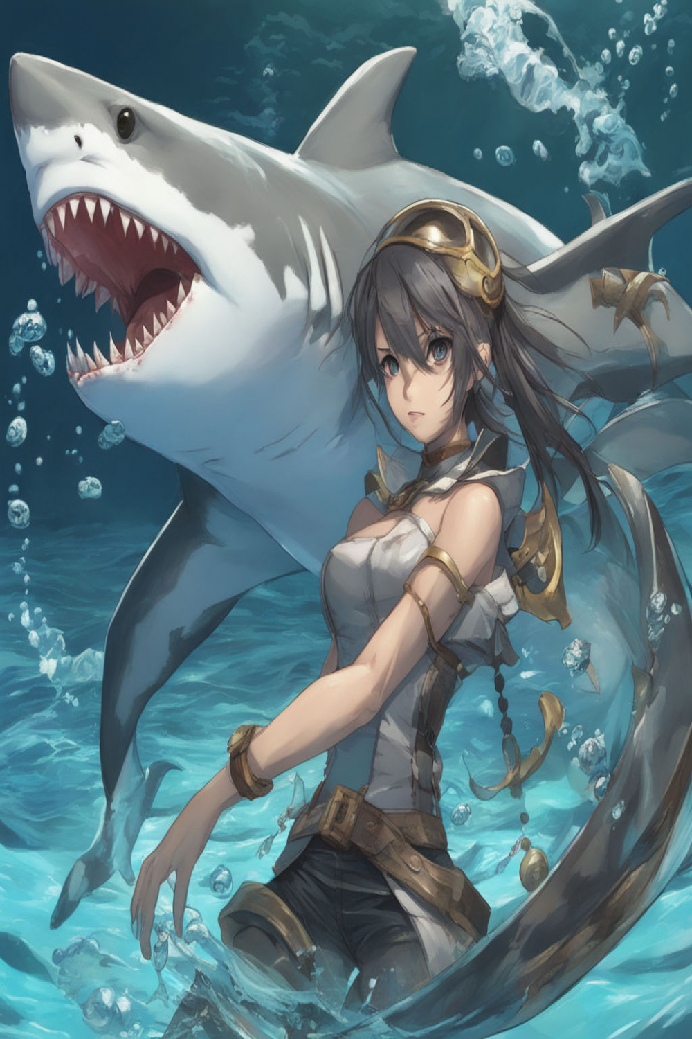 Anime) Professional Anime-Styled Drawing of a Beautiful Shark Girl