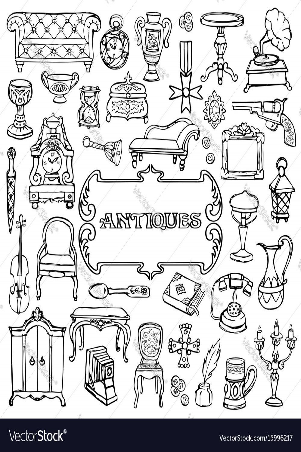 Antiques doodle hand drawn set with vintage sign