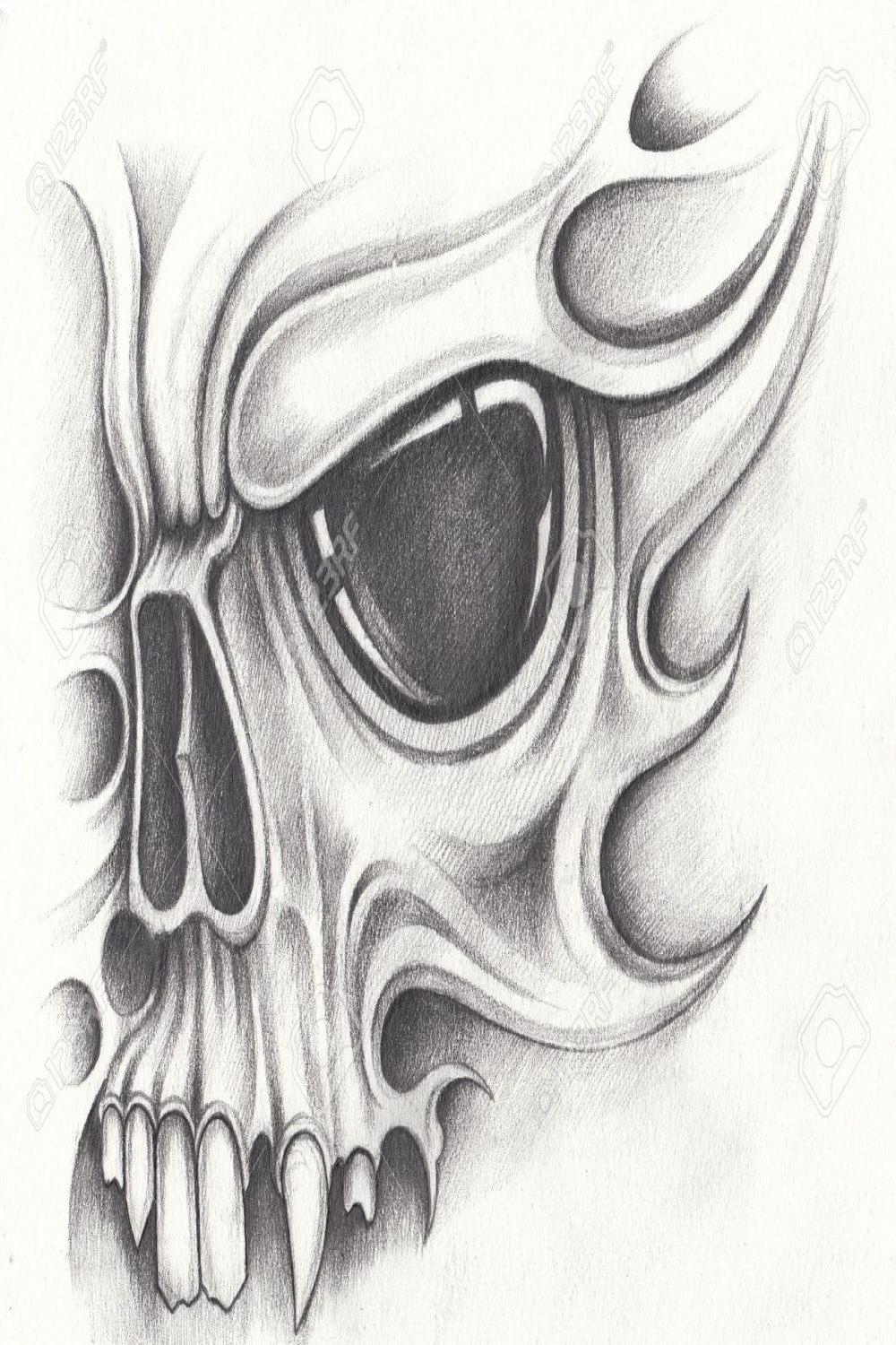 Art Skull Surreal Tattoo.Hand Pencil Drawing On Paper