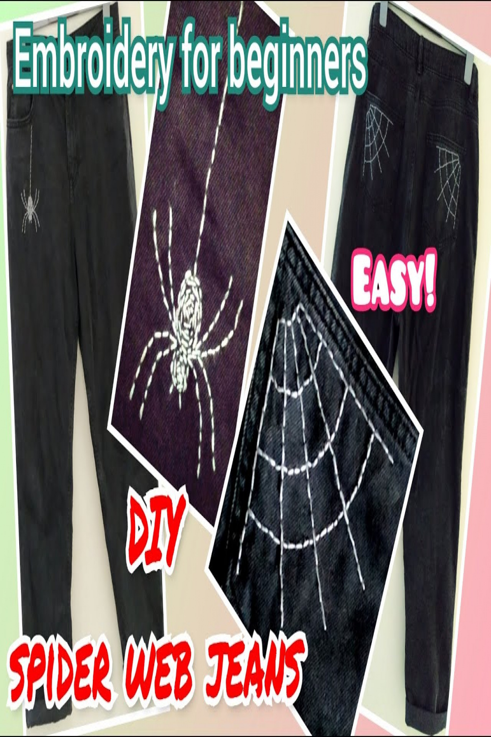 ASMR DIY 🕷️ Spider & Web Embroidery on Jeans pockets🕸️ Soft spoken  Tutorial 🎃 Halloween idea 👻