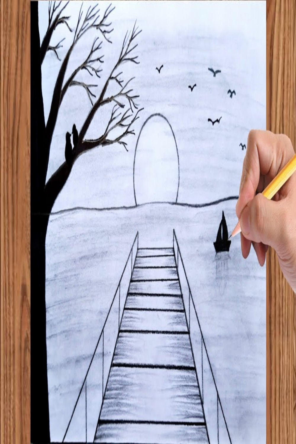 beautiful Drawing of Nature  How to draw sketch Of Nature Pencil Drawing   Bird Couple Bridge boat