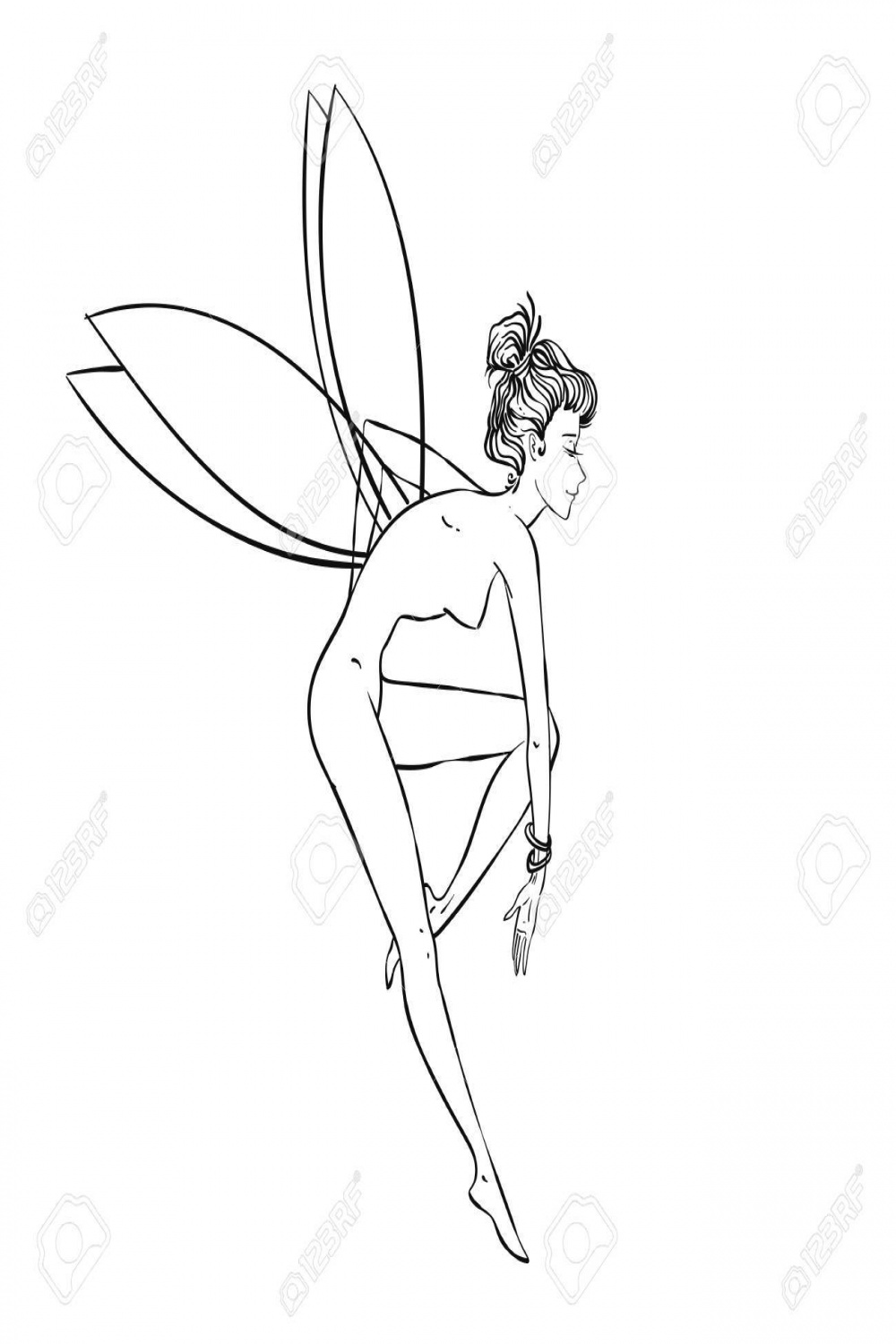 Beautiful Pin-up Fairy Girl Flying And Dancing, Suitable Outline