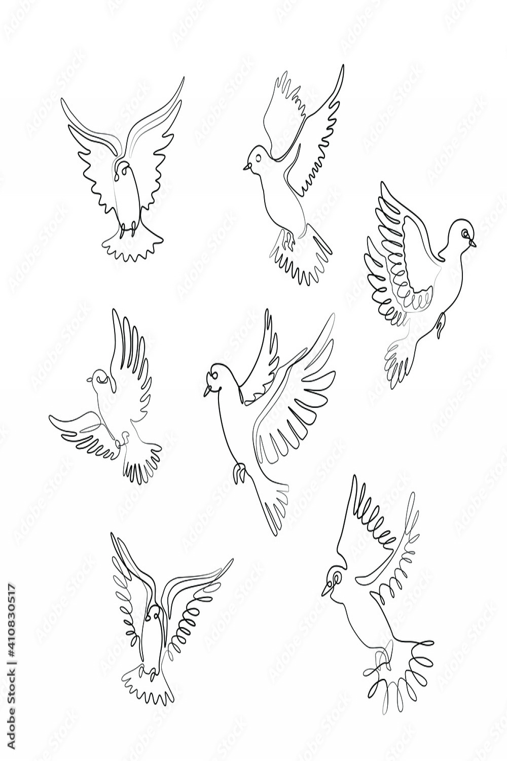 Bird flying set continuous line drawing, pigeon or dove, tattoo
