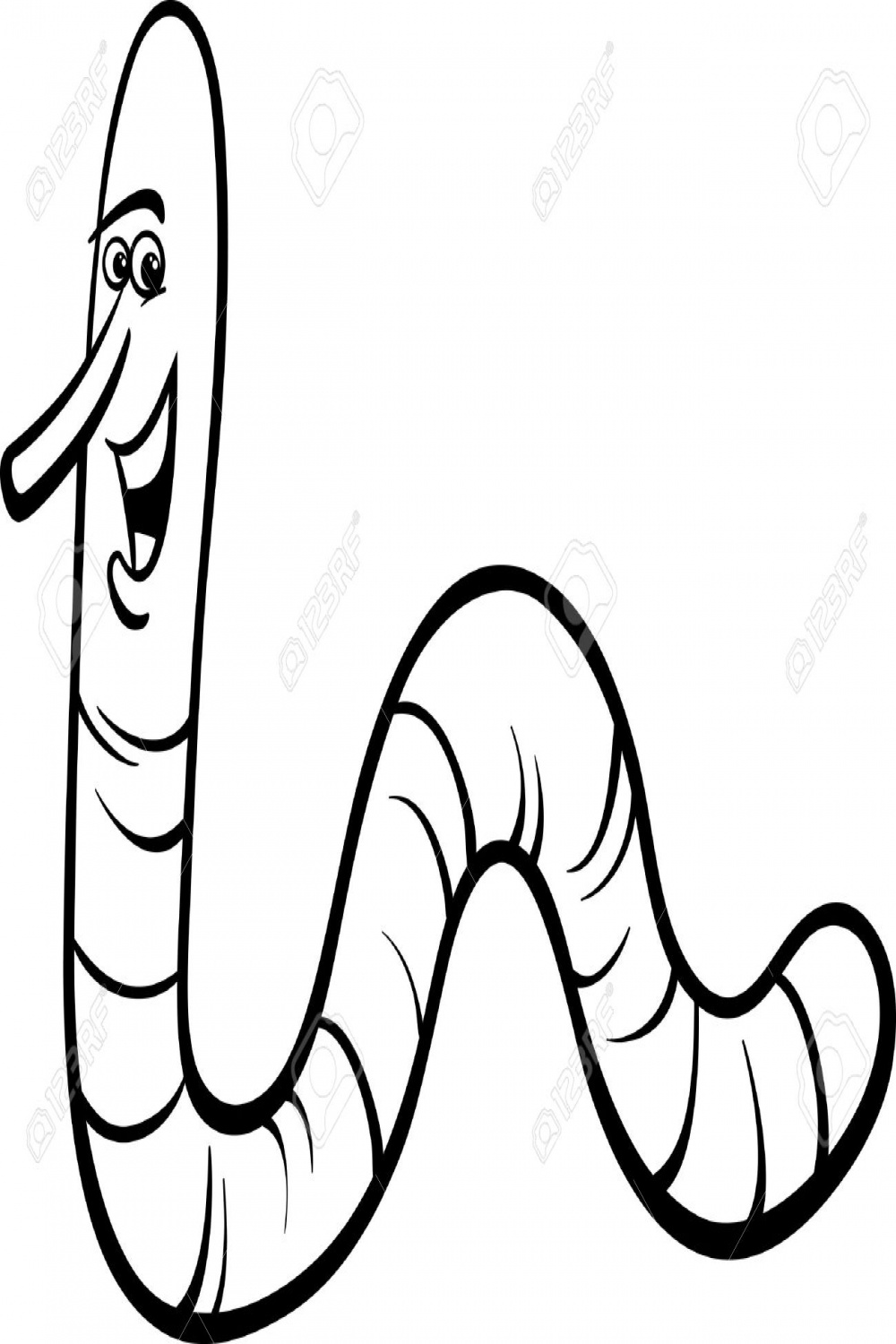 Black And White Cartoon Illustration Of Funny Earthworm Or Rain