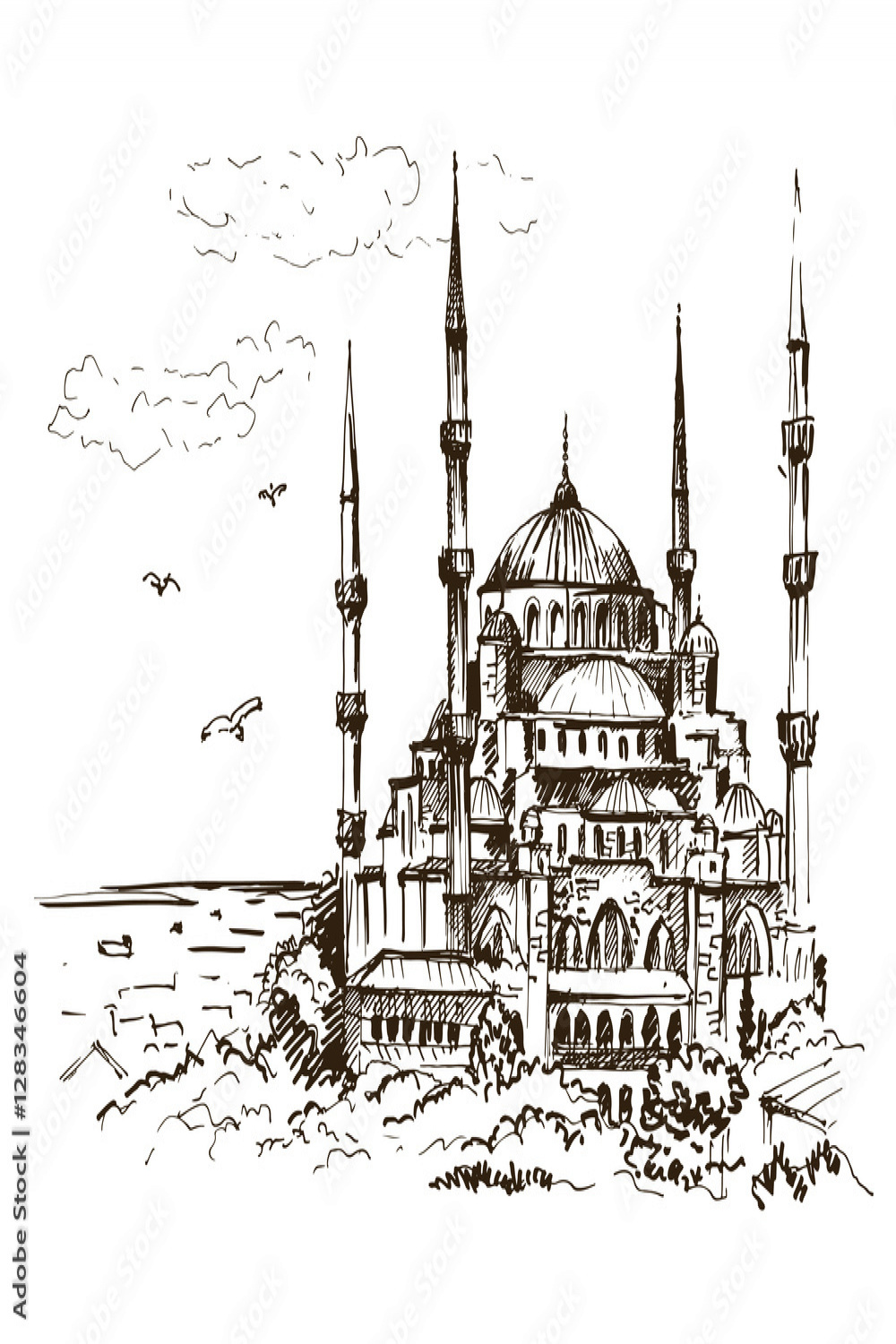 Blue Mosque, Istanbul, Turkey. Sketch, vector illustration