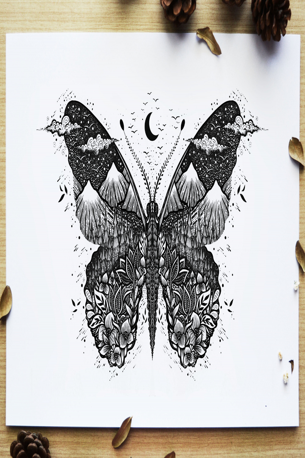 Butterfly Pen Drawing Fantasy Art Folk Art Night Nature - Etsy