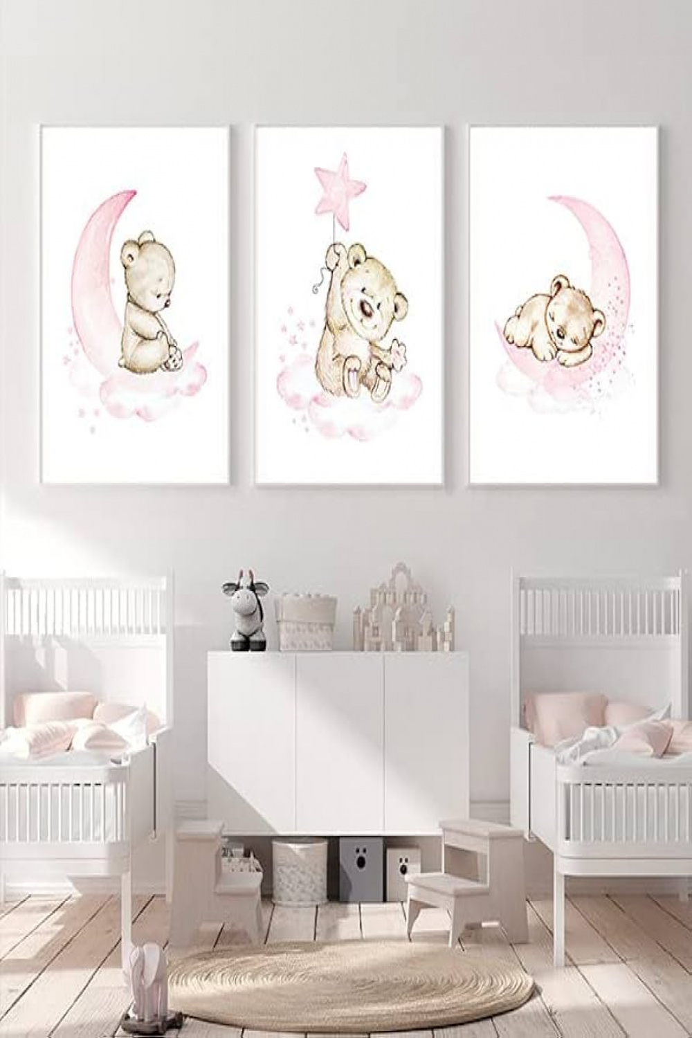 Cartoon Animal Canvas Wall Art Baby Bear Painting Pink Moon Star Cloud  Artwork Cute Animal Prints Baby Bear Pictures Cartoon Bear Poster for Girls