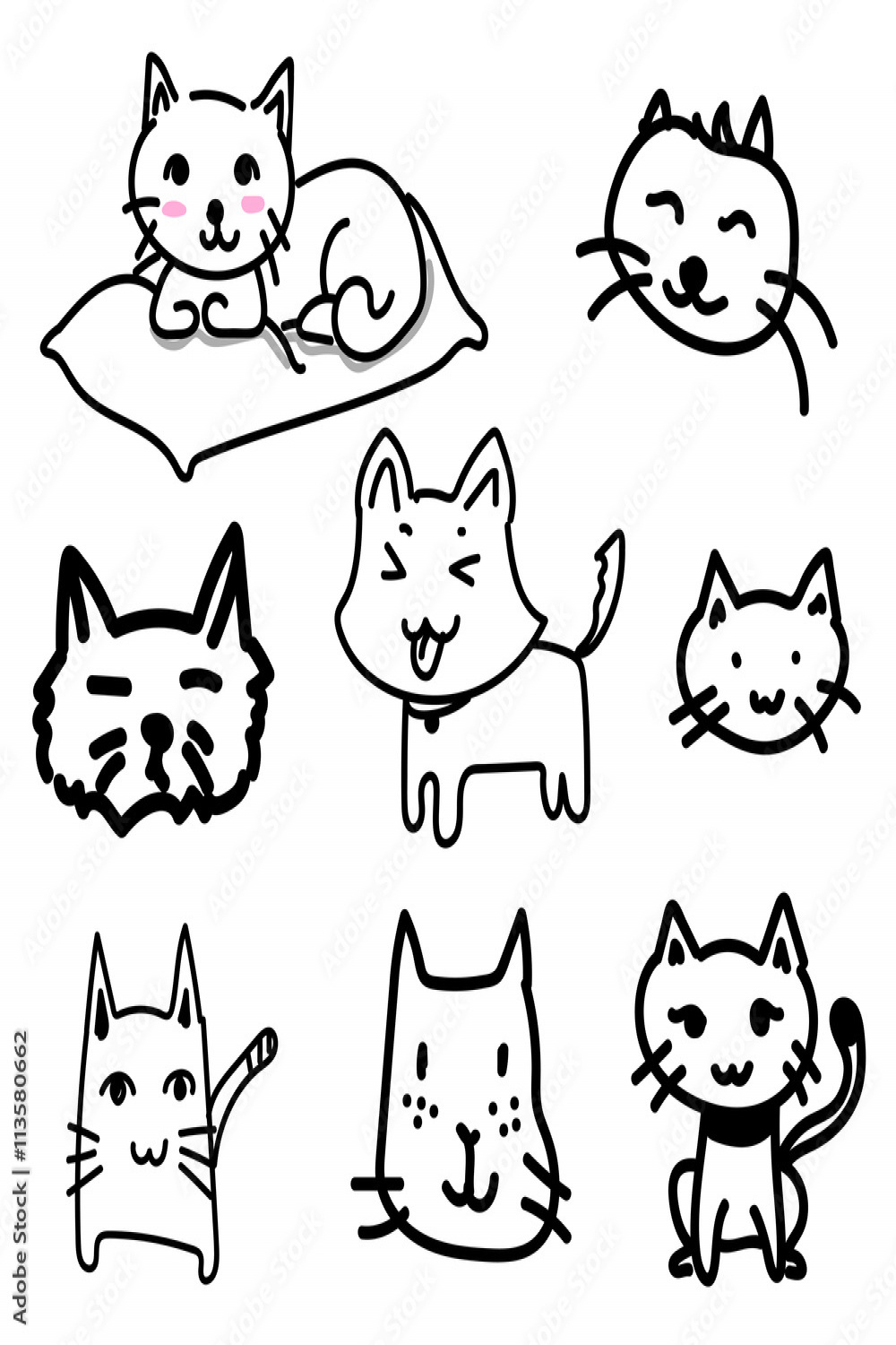 cat doodle drawing a vector on white background, set of black line