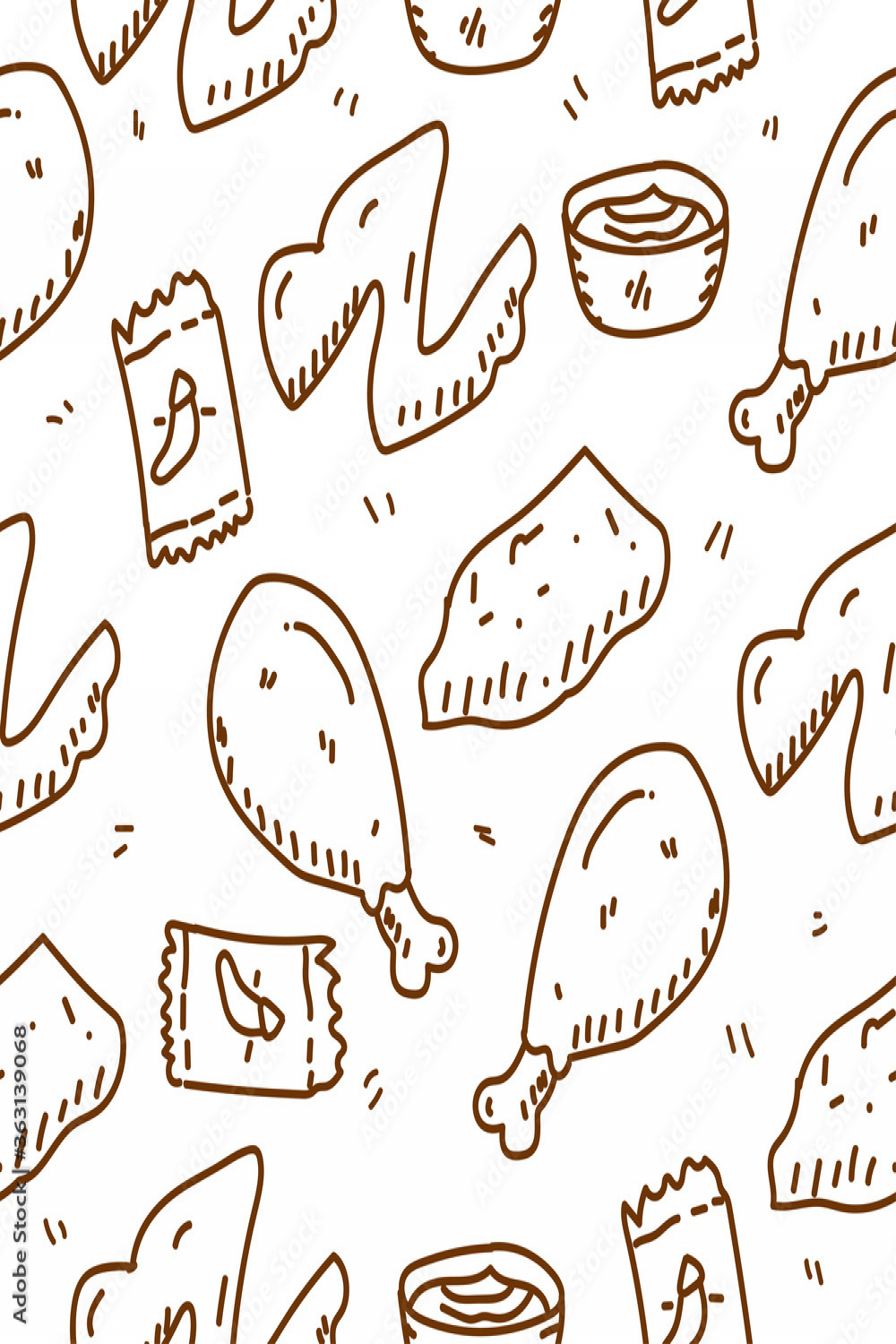 Chicken seamless pattern draw in doodle style with brown color