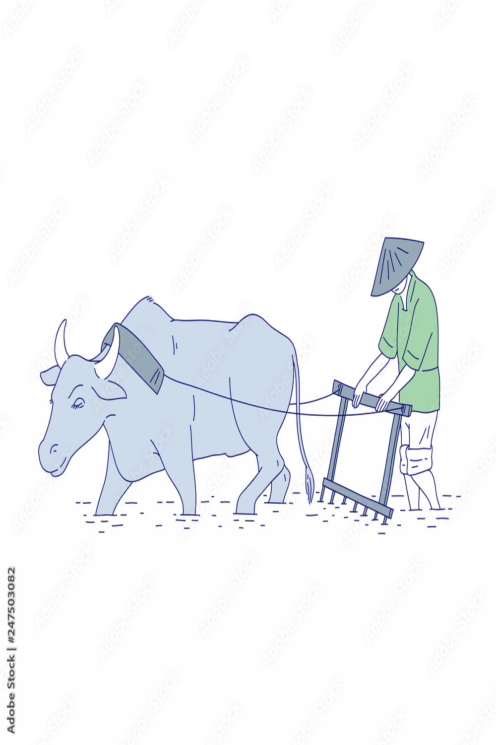 Chinese farmer plowing with buffalo in traditional costumes