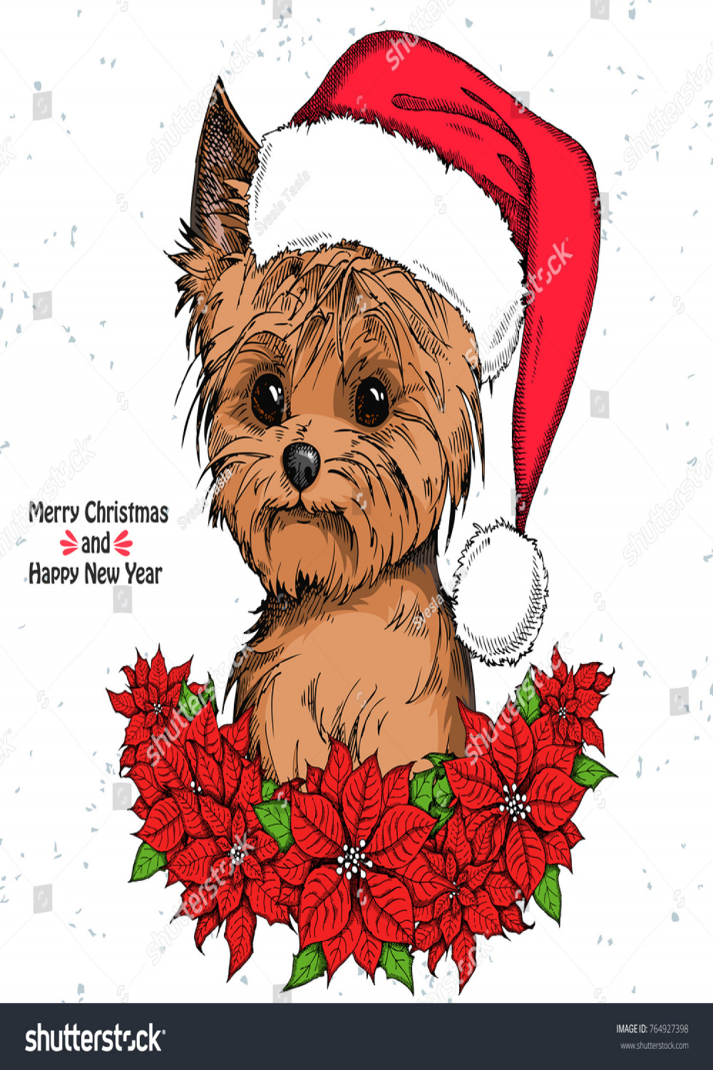 Christmas Card Cute Yorkshire Terrier Red Stock Vector (Royalty