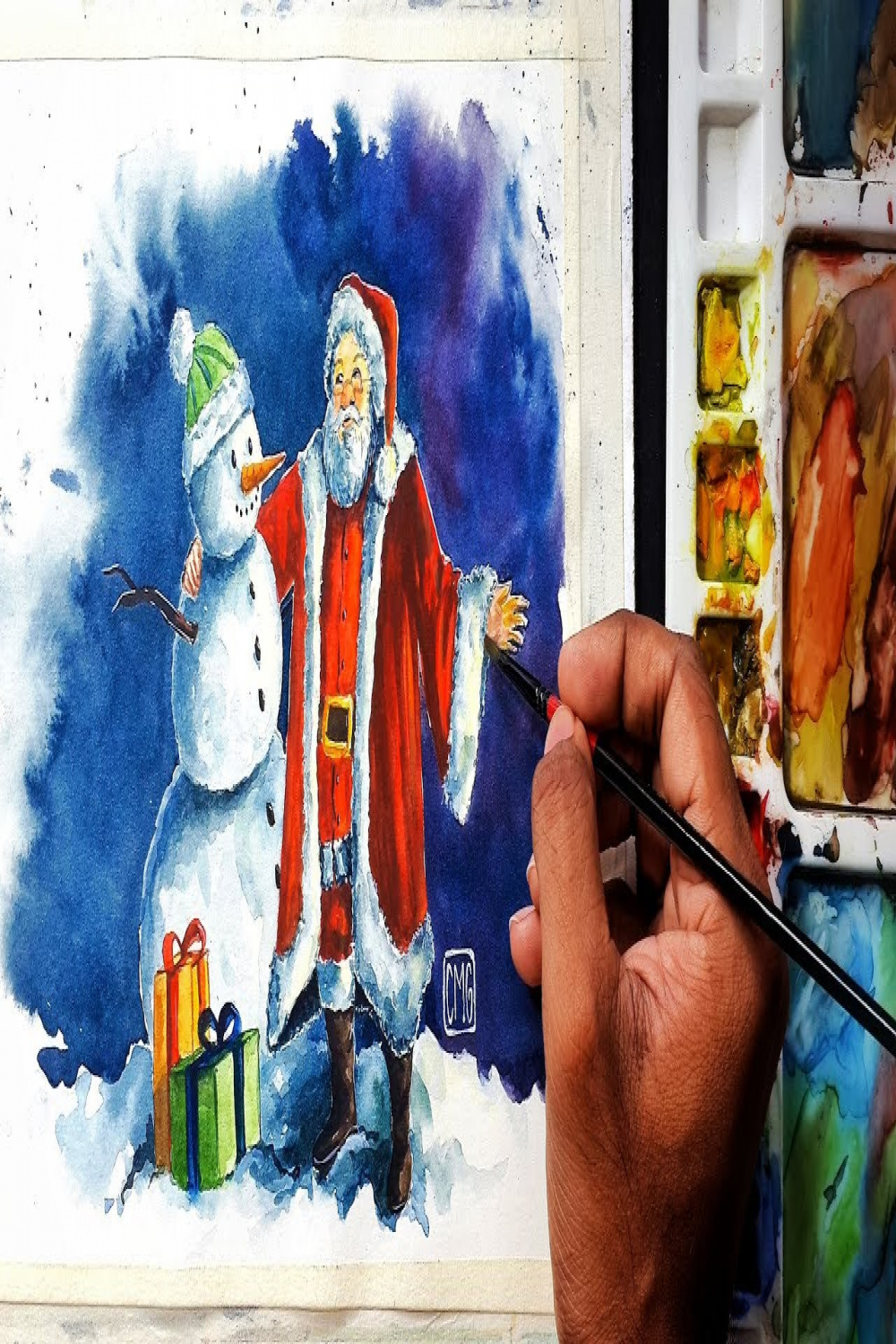 Christmas Painting - Santa Claus and Snow Man in watercolor