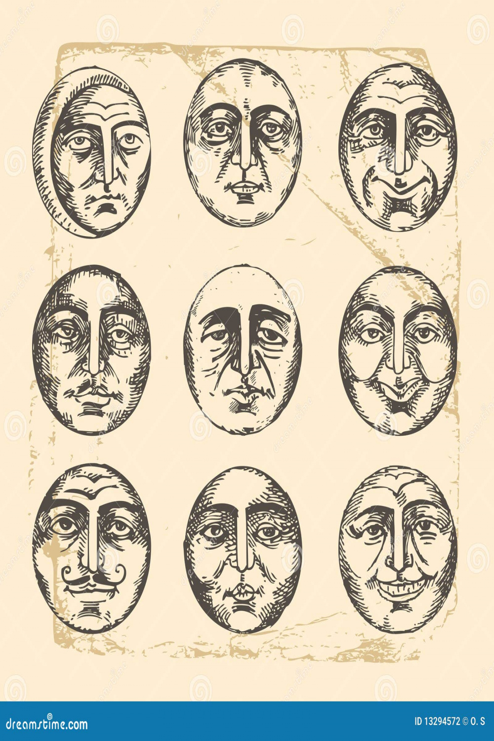 Circle Faces- Vintage Drawing Stock Vector - Illustration of