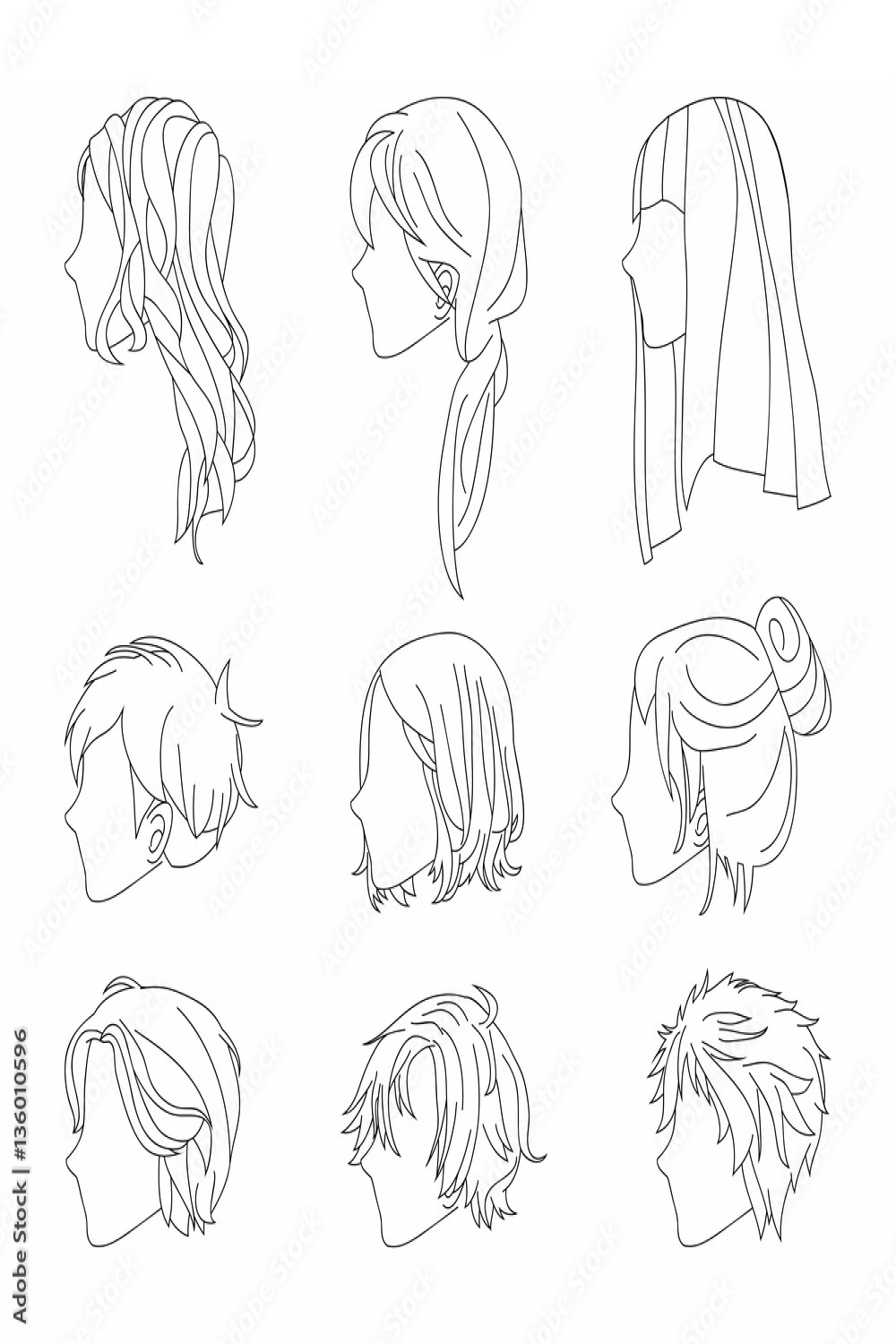 Collection Hairstyle Side View for Man and Woman Hair Drawing Set