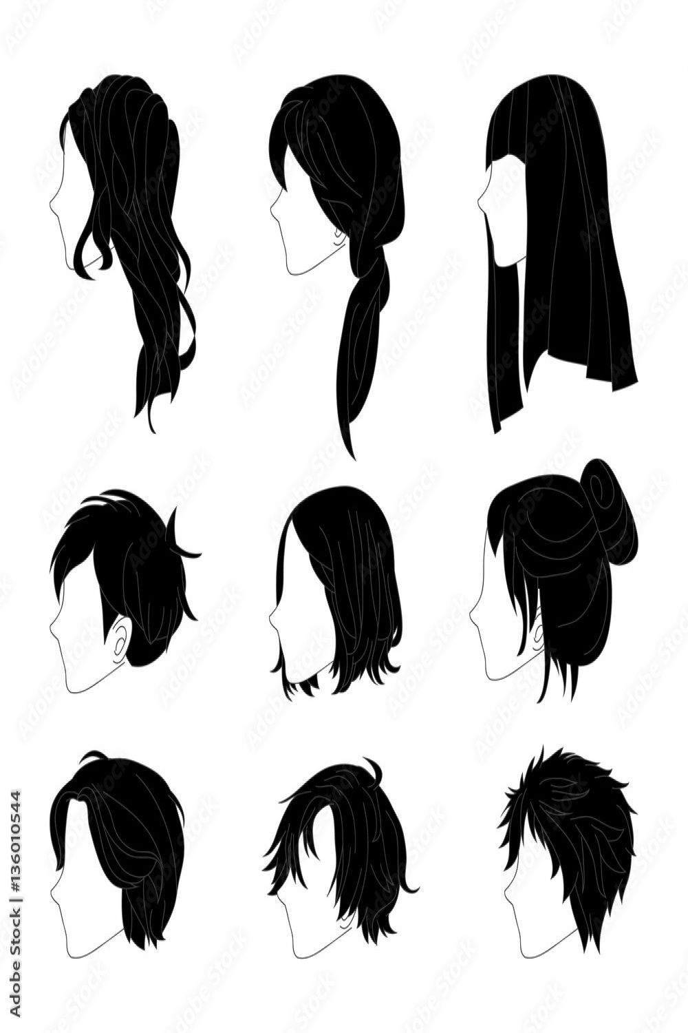 Collection Hairstyle Side View for Man and Woman Hair Drawing Set