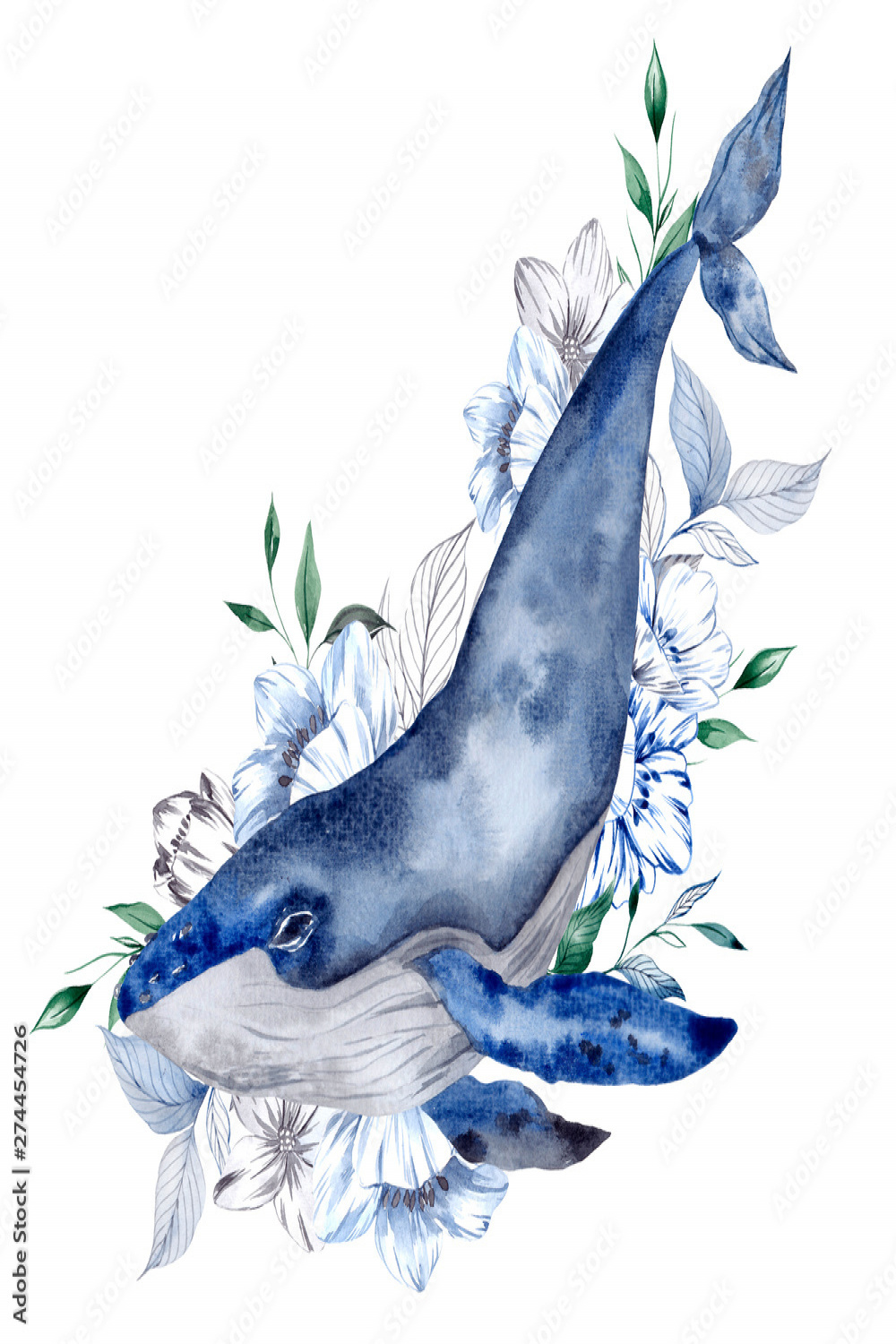 Collection of watercolor hand draw whale and flowers, isolated on