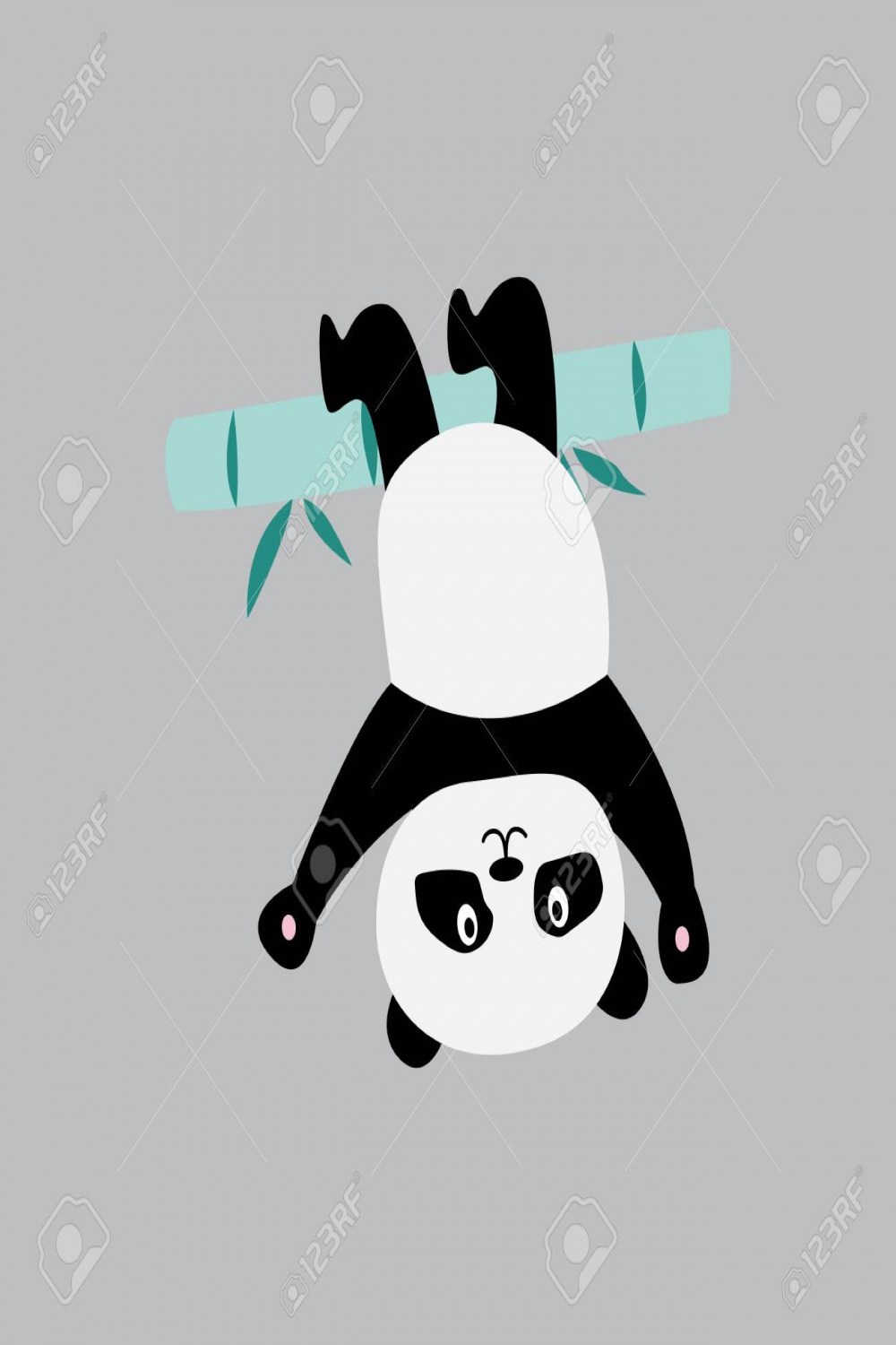 Cute Cartoon Panda Hanging Upside Down On Bamboo Branch - Adorable