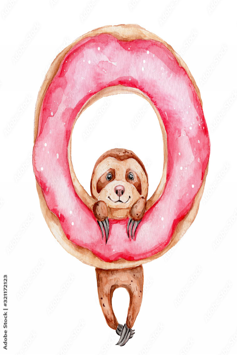 Cute cartoon sloth swing on pink donut; watercolor hand draw