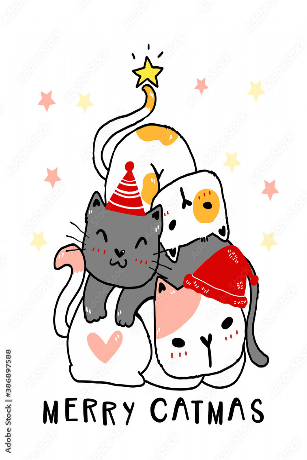 Cute Christmas cat tree, stack of funny kitten cartoon animal hand
