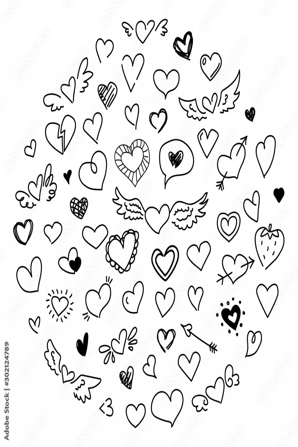 Cute doodle heart set