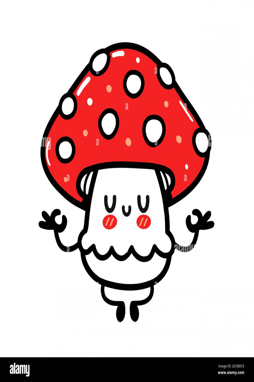 Cute funny happy amanita mushroom meditate in yoga pose
