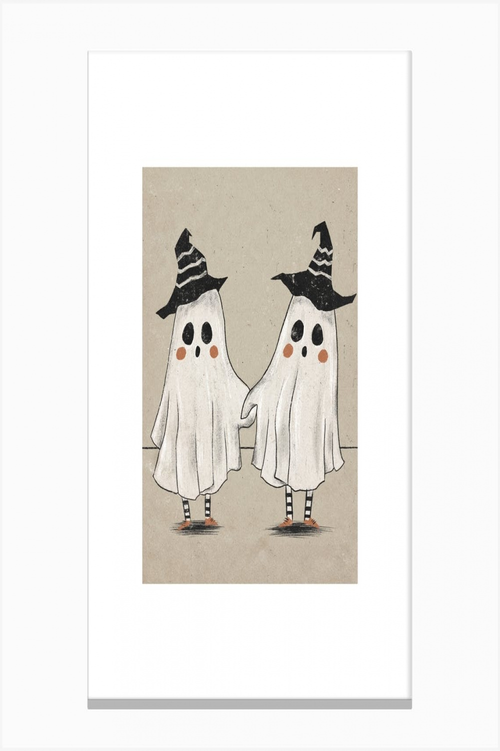 Cute Ghosts ~ Cutie Halloween Best Friends BFF Bestie Artwork - Drawing of   vintage ghost Friends Holding Hands With Witchy Hats on Out Trick Or