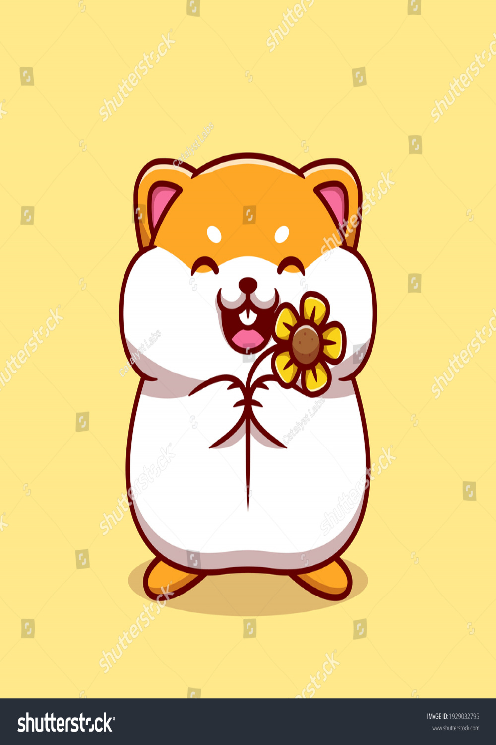 Cute Hamster Holding Sun Flower Cartoon Stock Vector (Royalty Free