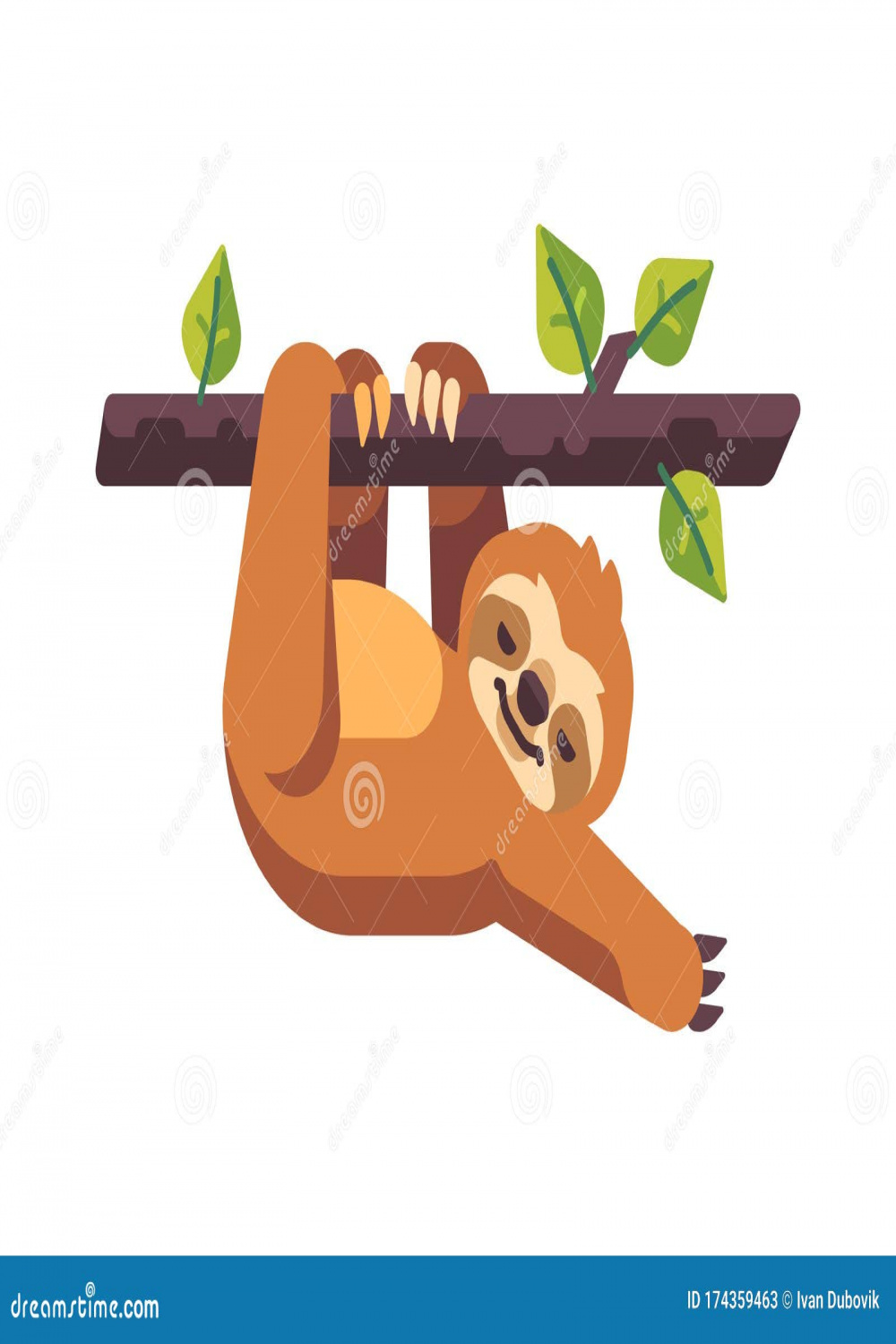 Cute Sloth Sleeping on a Tree Branch Flat Illustration Stock