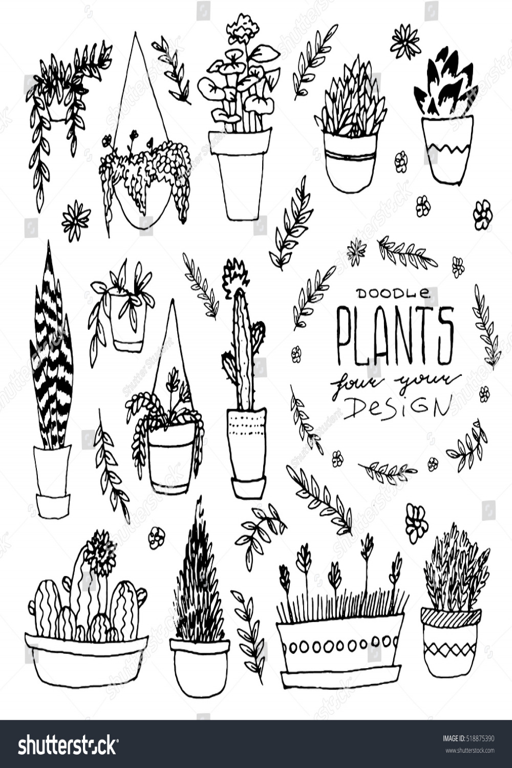 Cute Vintage Doodles Indoor Plants Isolated: Stock-Vektorgrafik