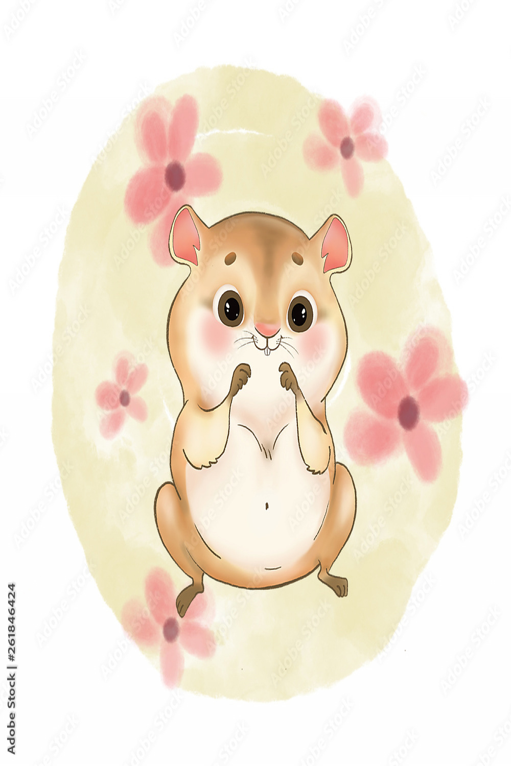 digital drawing of a cute hamster on a background with flowers