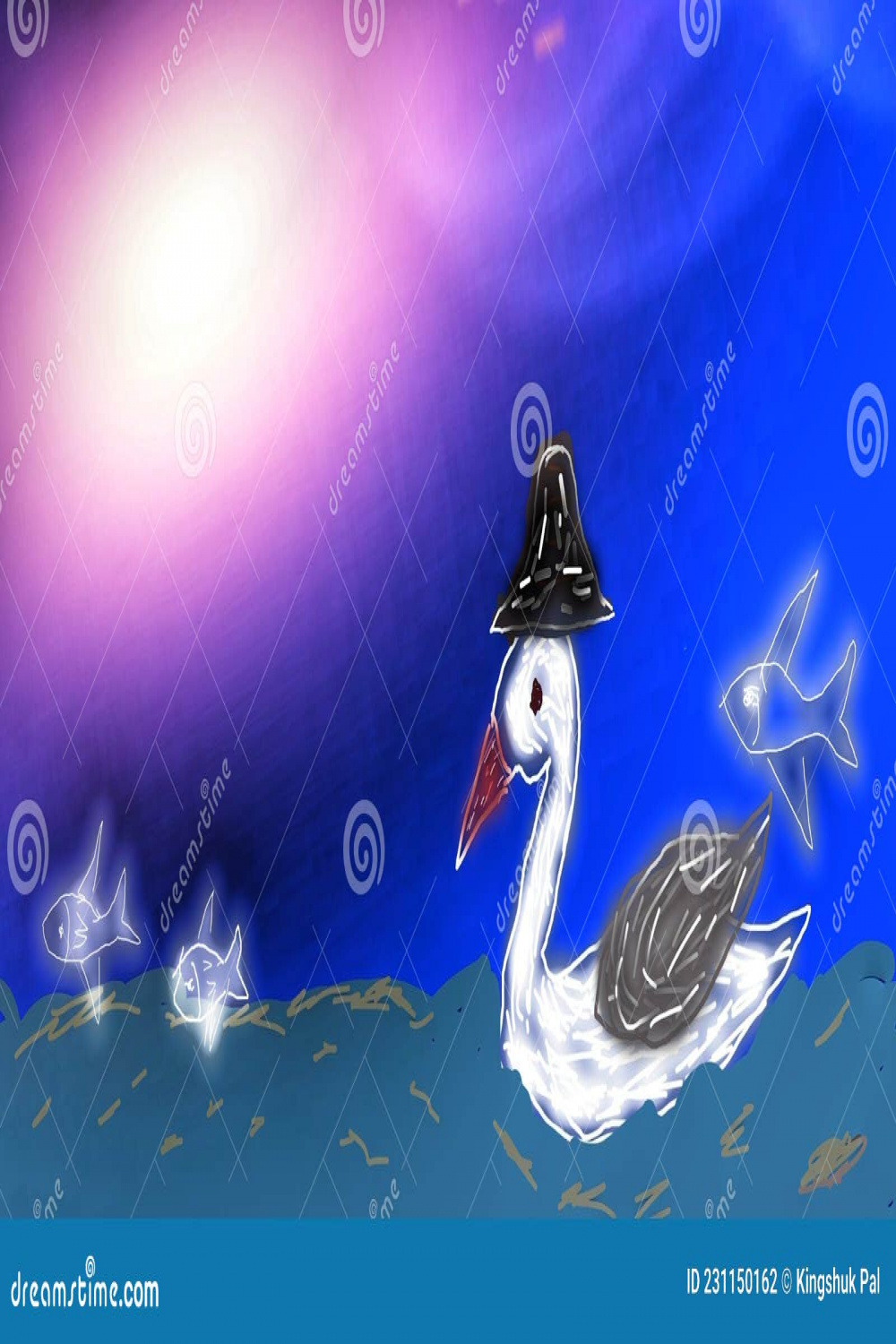 Drawing of Duck and Fish Jumping Out of the Water, with River and