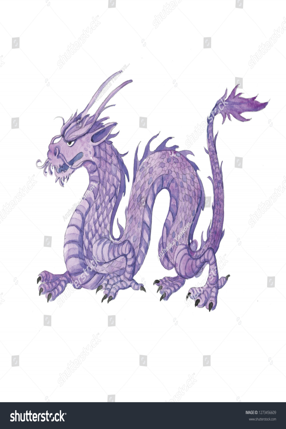 Drawing Purple Dragon Watercolor Stock Illustration